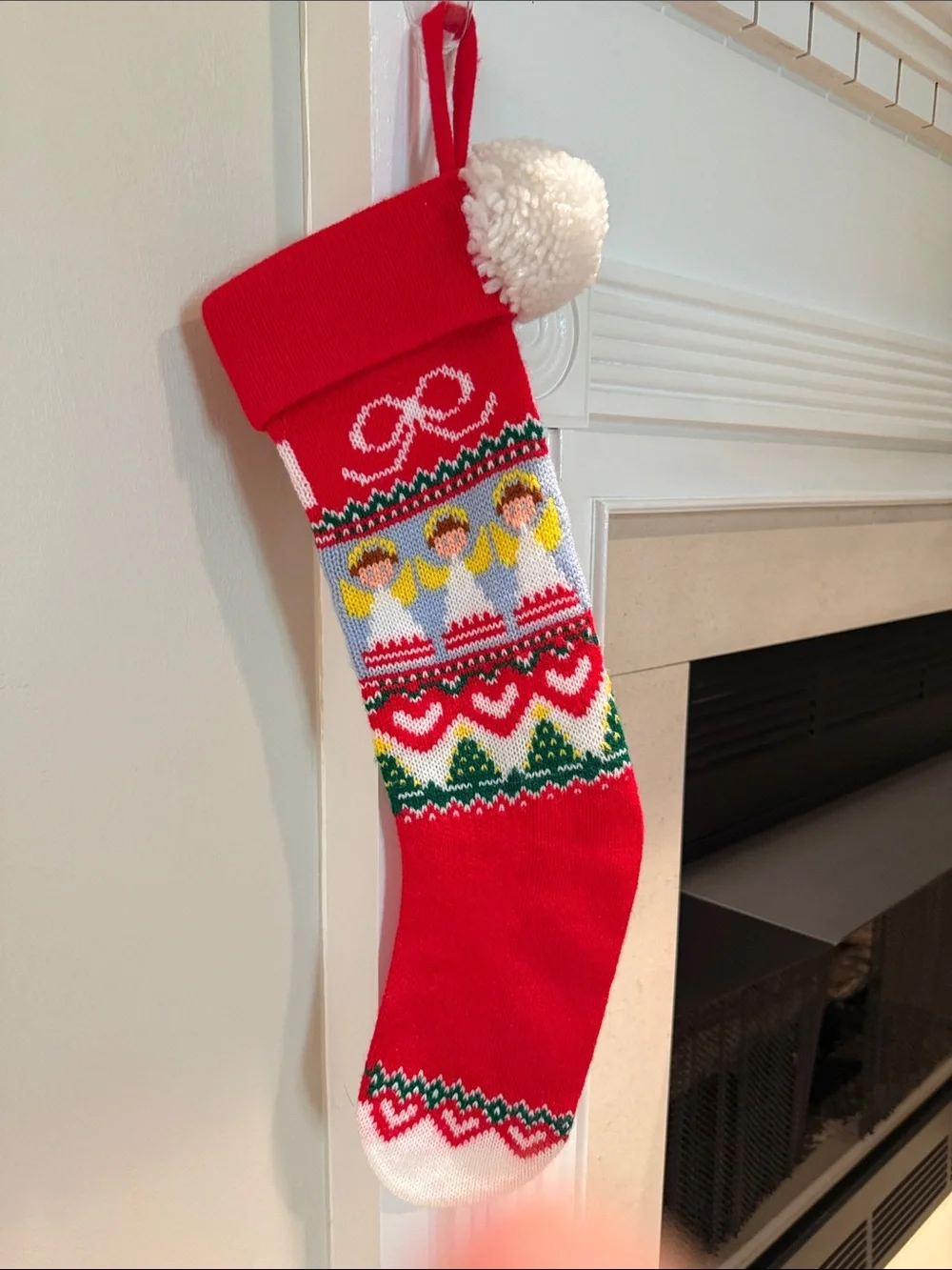 Vintage 1983 Hallmark Angels Hearts Bow Knit Red  Christmas Stocking Pom Pom